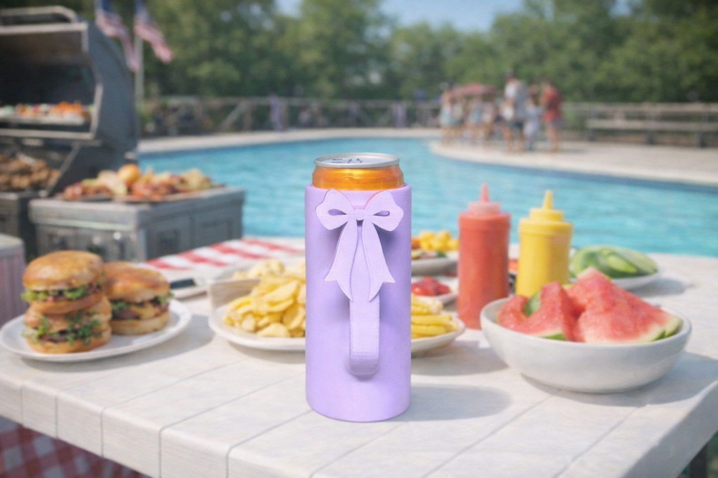 Slim can holder with bow and lid protector