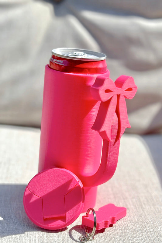 Slim can holder with bow, lid protector and nail saver